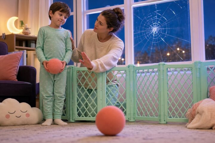Parent guides a pajama-clad child holding a foam ball away from a cracked window behind a safety barrier.