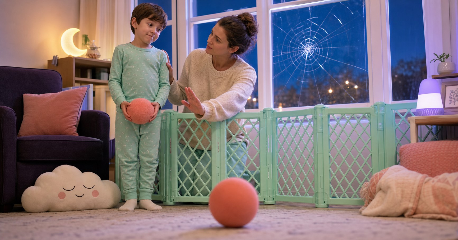 Parent guides a pajama-clad child holding a foam ball away from a cracked window behind a safety barrier.