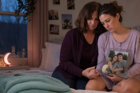 Mother holds her sad daughter's hand as she cradles a framed photo of herself with a young man in an evening bedroom.