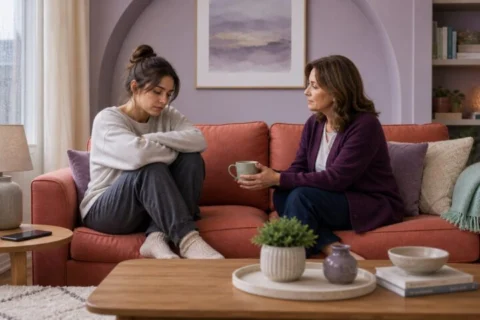 Concerned mother offering a warm mug while listening to her sad adult daughter after a breakup