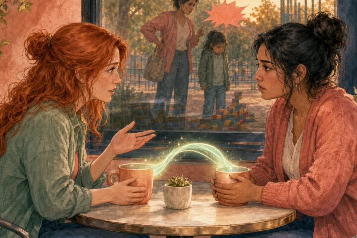 Two women speak over mugs at a café while a window reflection shows one mother scolding her child near toppled blocks.