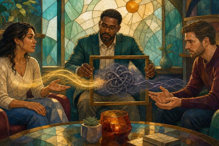 Wife and husband sit apart as a counselor frames a tangled gray ribbon emerging from her clear golden ribbon of light.