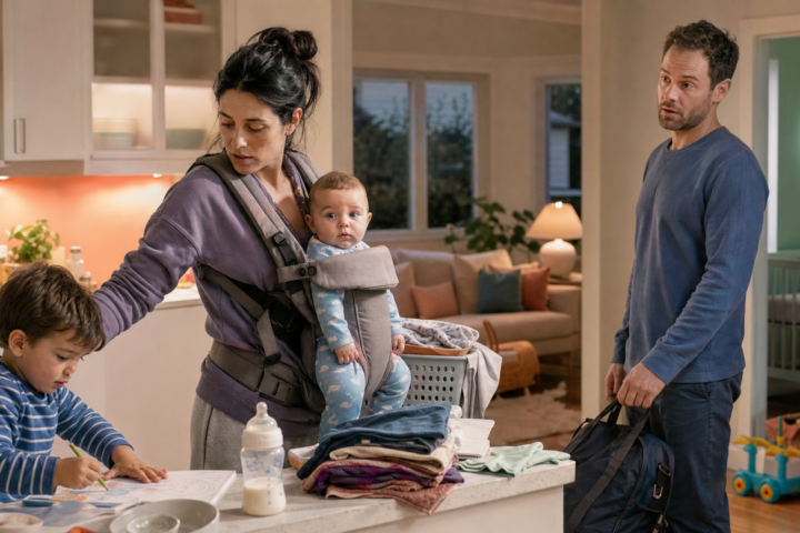 Mother wearing her awake baby in a carrier helps a young child at the kitchen counter while her husband arrives beside a laundry basket.