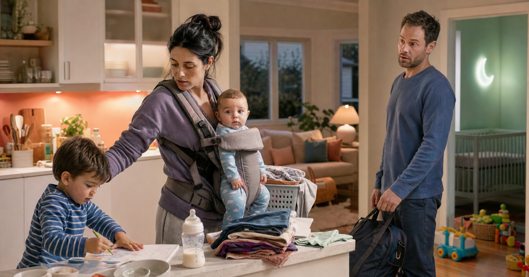 Mother wearing her awake baby in a carrier helps a young child at the kitchen counter while her husband arrives beside a laundry basket.