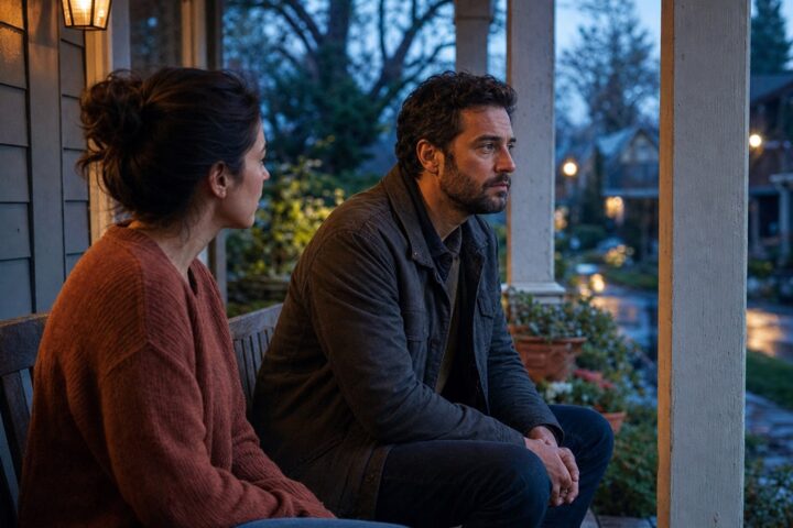 Wife turns toward her thoughtful husband as they sit on a porch overlooking a quiet street after rain.