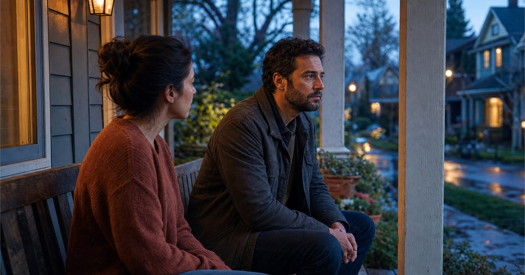 Wife turns toward her thoughtful husband as they sit on a porch overlooking a quiet street after rain.