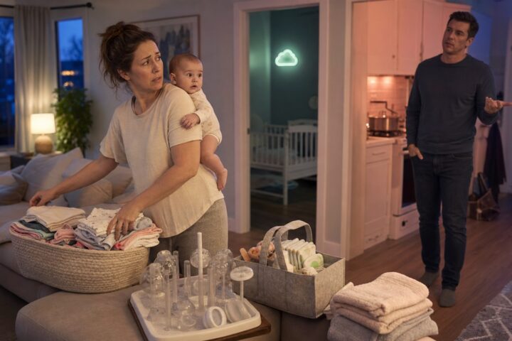 Tired mother holds an awake baby while folding laundry as her husband gestures from across the room.