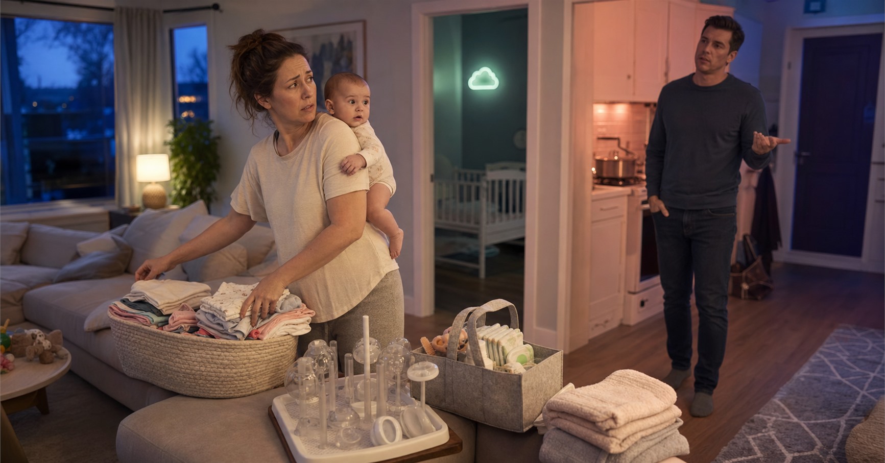 Tired mother holds an awake baby while folding laundry as her husband gestures from across the room.