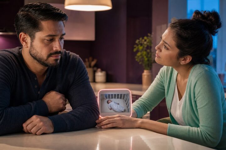 Wife reaches toward her withdrawn husband across a kitchen counter beside a baby monitor showing their sleeping baby.