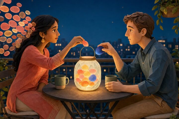 A woman surrounded by many glowing coral pebbles and a man holding one blue pebble place them into a shared lantern at a balcony table.