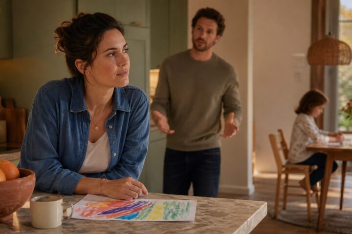 Mother leaning at a kitchen island while her husband speaks in the background and their child draws at a table.