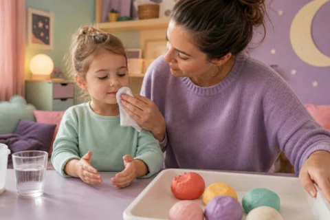 A mother gently wipes the mouth of a healthy preschooler while moving a tray of colorful playdough out of reach.