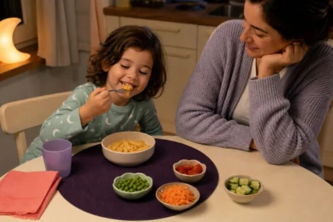 Child in mint moon pajamas eating pasta beside a relaxed caregiver and small colorful side dishes