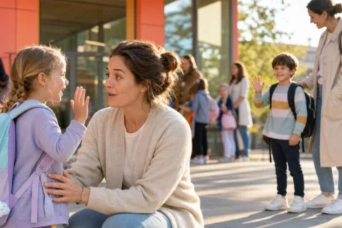 Mother crouching to listen as her kindergartener talks excitedly while a boy classmate waves nearby at school pickup.