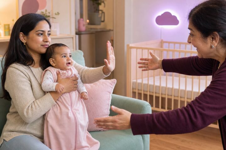 Mother raises a calm stop hand while holding her smiling baby as an older woman reaches forward in a nursery living room.