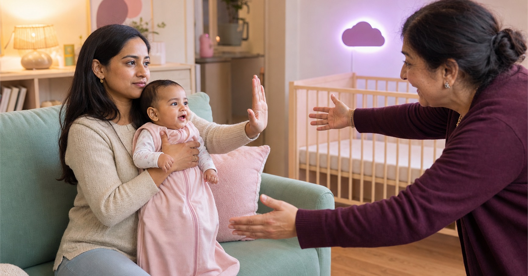 Mother raises a calm stop hand while holding her smiling baby as an older woman reaches forward in a nursery living room.