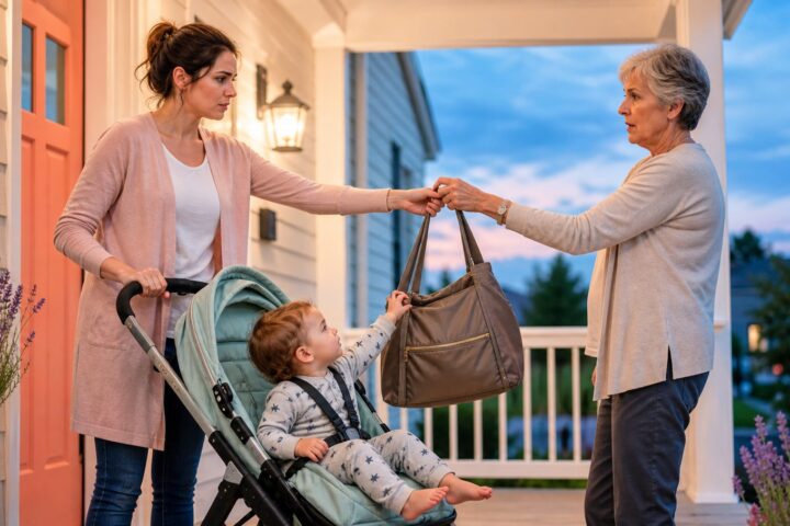 Mother keeps one hand on her toddler's stroller while she and the grandmother both hold the diaper bag on a porch.
