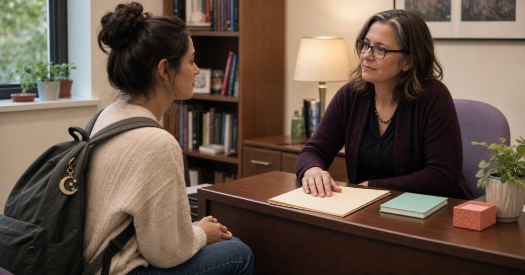 College student meeting calmly with a professor beside a closed blank assignment folder