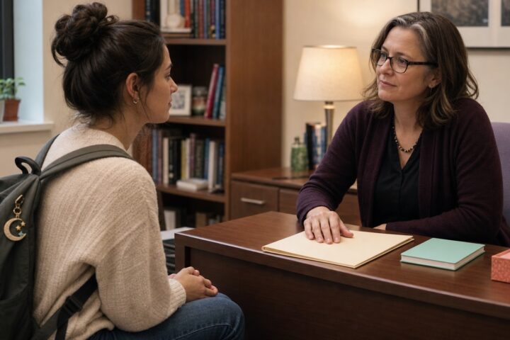 College student meeting calmly with a professor beside a closed blank assignment folder
