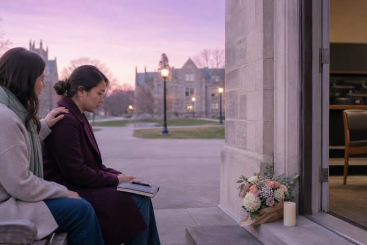 Sad student sitting with a supportive friend near flowers and an empty lecture-hall chair at dusk