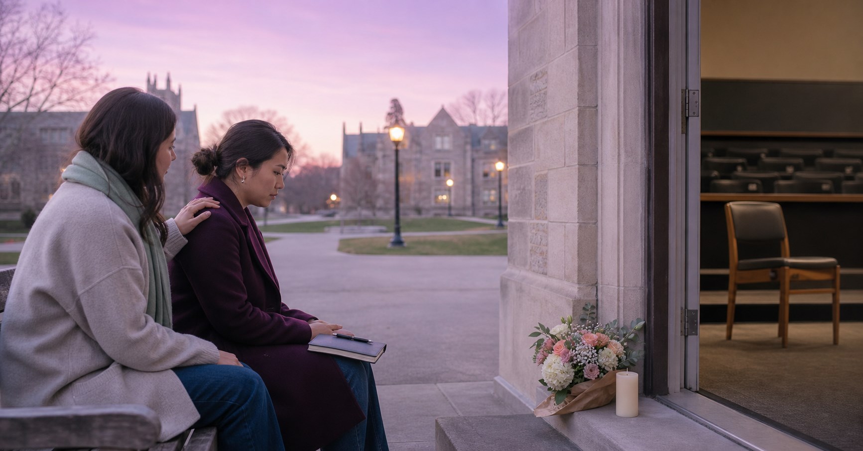 Sad student sitting with a supportive friend near flowers and an empty lecture-hall chair at dusk