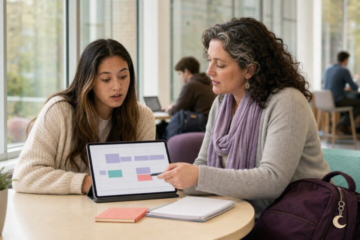 College student reviewing a blank color-block schedule with a supportive academic adviser