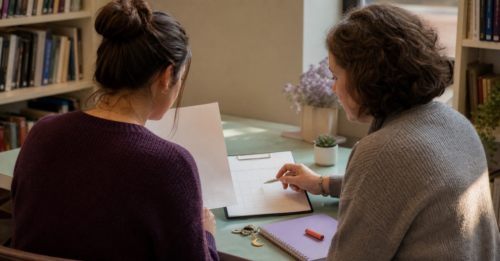 College student and trusted mentor reviewing an unmarked paper and blank rubric grid in a library