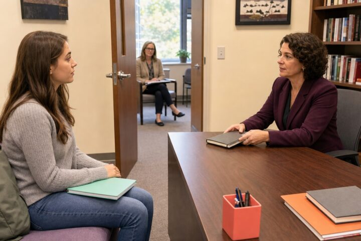 College student and professor meeting professionally across a desk with an open door and adviser visible