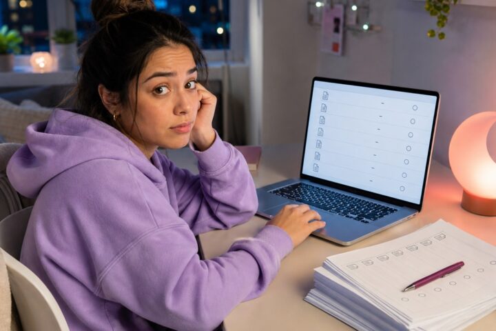 University student looks toward the camera beside a laptop gradebook with all grade cells empty and a stack of unmarked assignments.