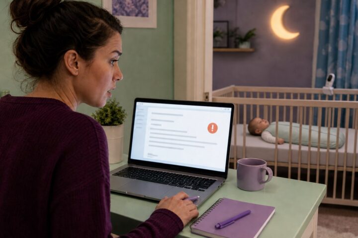 Surprised student parent reading a blurred email on a laptop while a baby sleeps safely in a bare crib behind