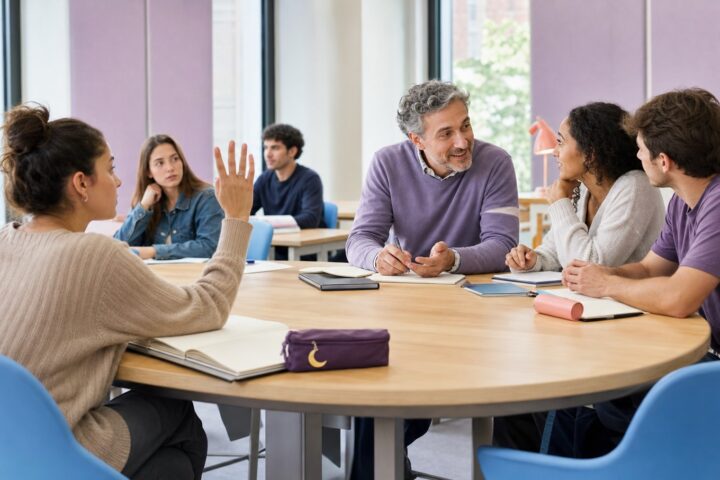 College student raises her hand while a professor directs his attention to classmates across a round seminar table