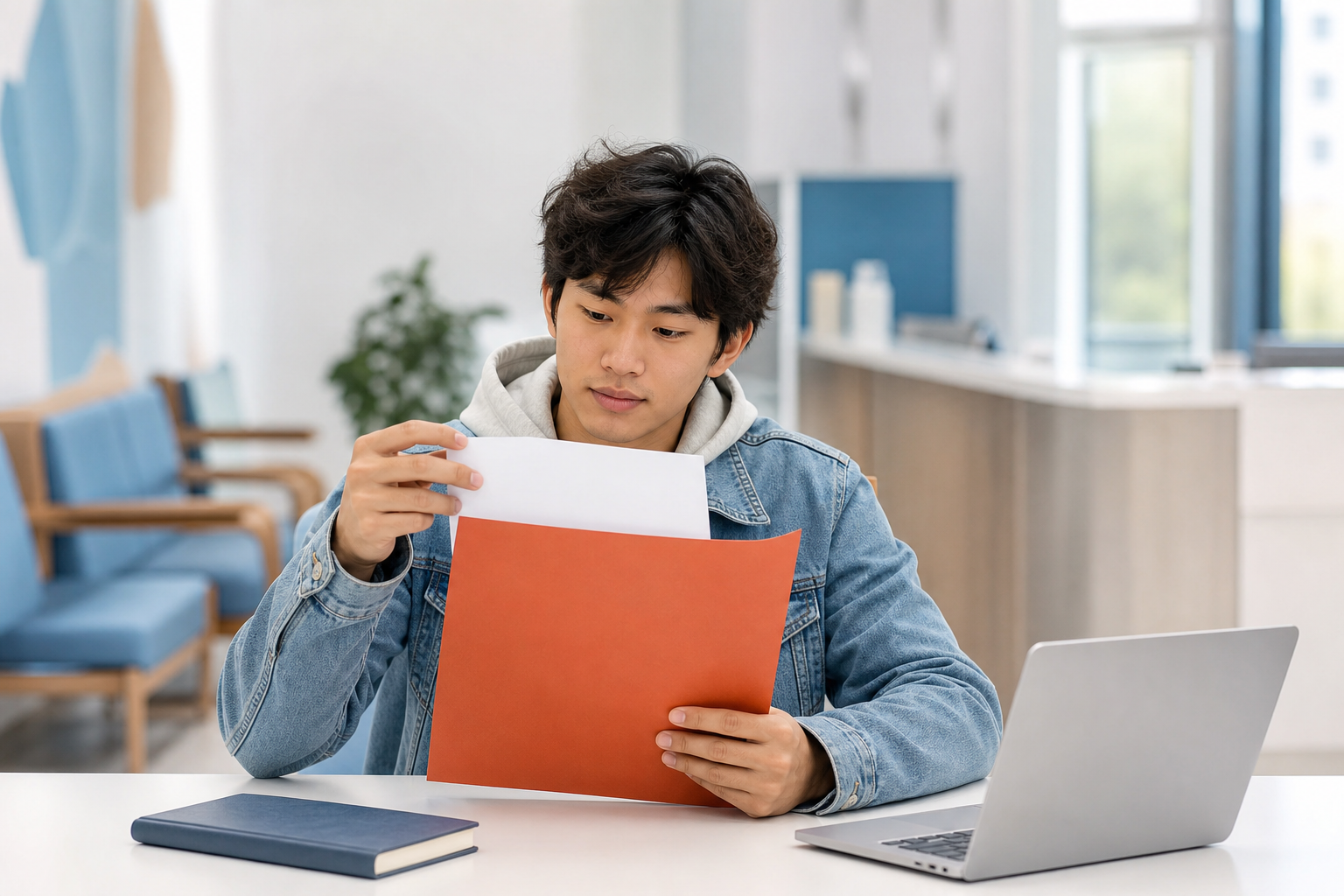 College student reviews a blank clinic document in a bright waiting area