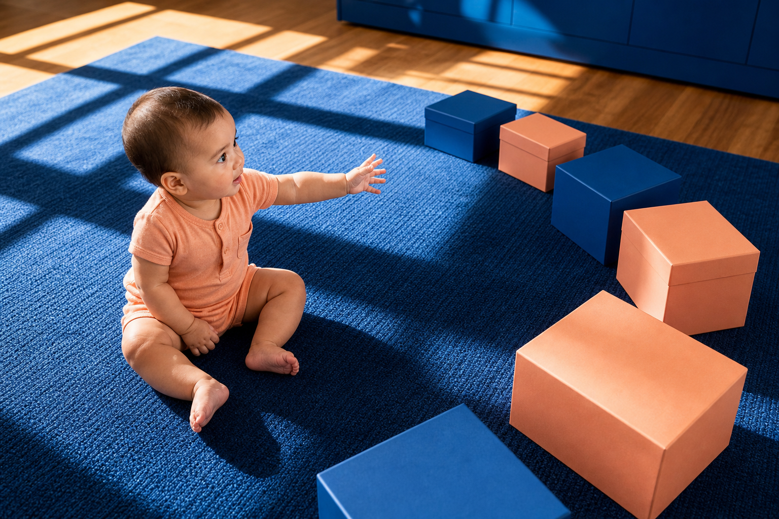 Baby seated on a cobalt rug reaches toward peach and blue gift boxes.