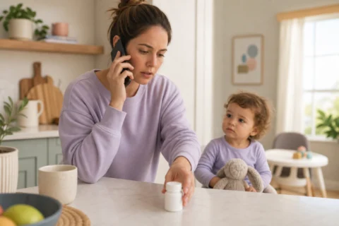 A caregiver on the phone reaches toward a white medicine bottle on a kitchen counter while a toddler sits nearby holding a plush rabbit.