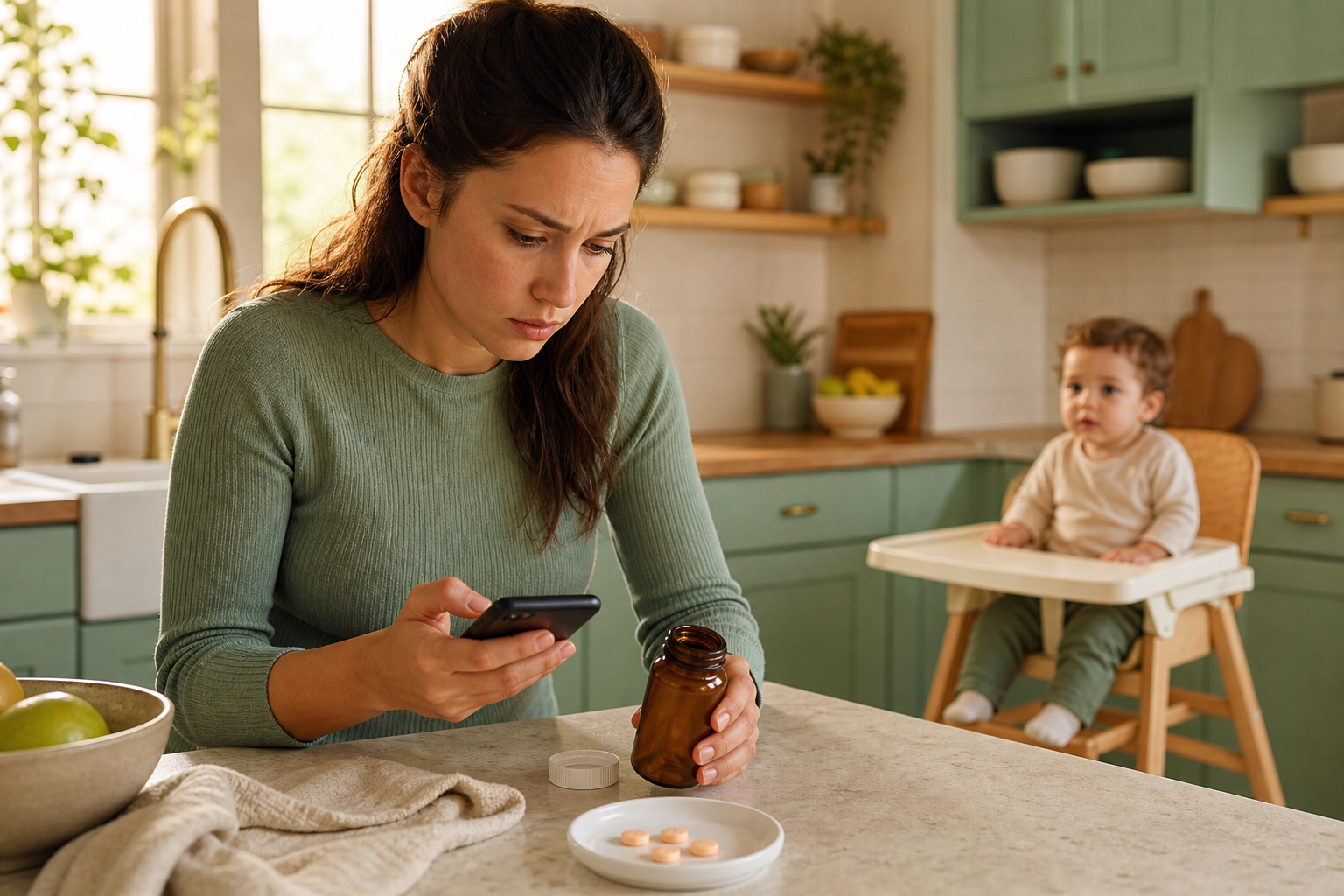 A parent holds a phone beside an open amber medicine bottle and a small dish of tablets while a toddler sits in a high chair.