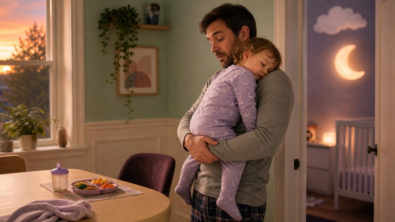 A father carries a sleeping toddler toward a moonlit nursery while an untouched child-sized dinner waits on the table.