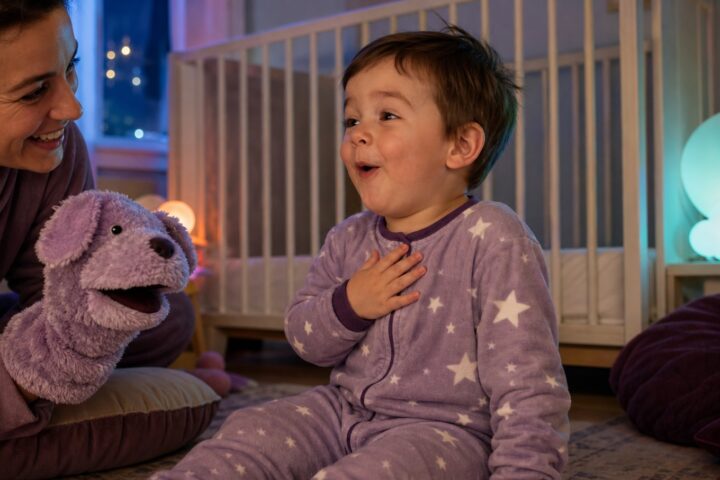 Toddler in star pajamas touches his chest with a surprised hiccup expression while laughing at a parent’s puppet.
