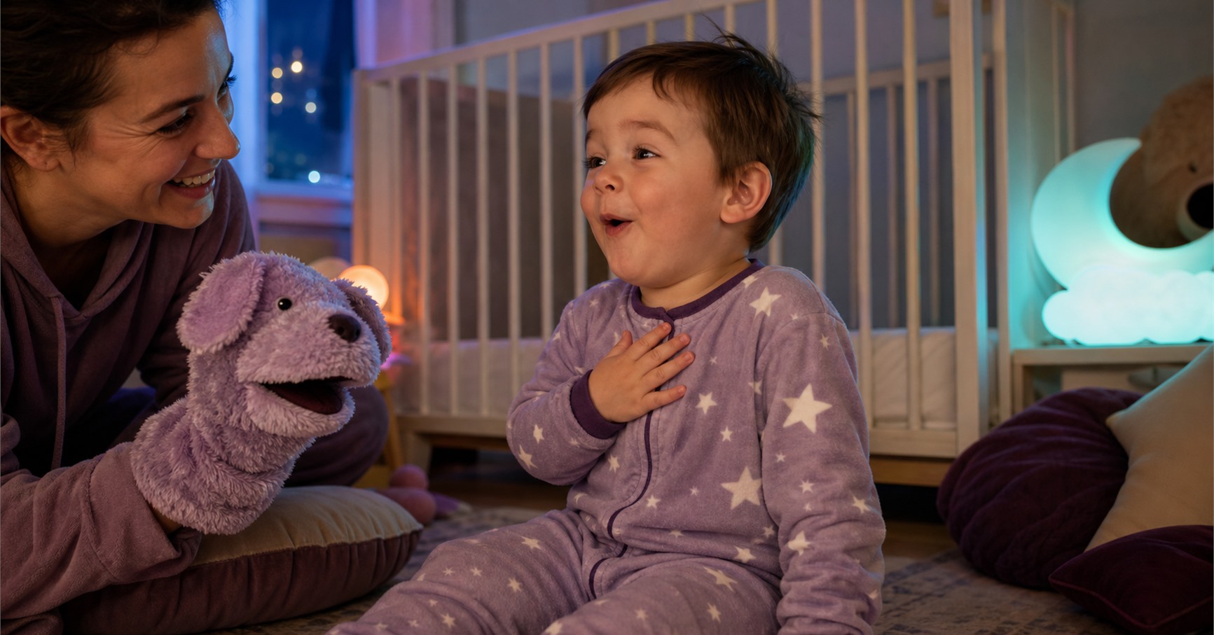 Toddler in star pajamas touches his chest with a surprised hiccup expression while laughing at a parent’s puppet.