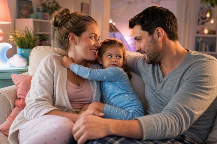Toddler in blue pajamas hugs her mother and gives the seated man beside them a wary side-eye.