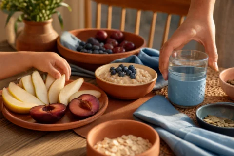 Toddler reaches for sliced pears and plums beside oatmeal and water