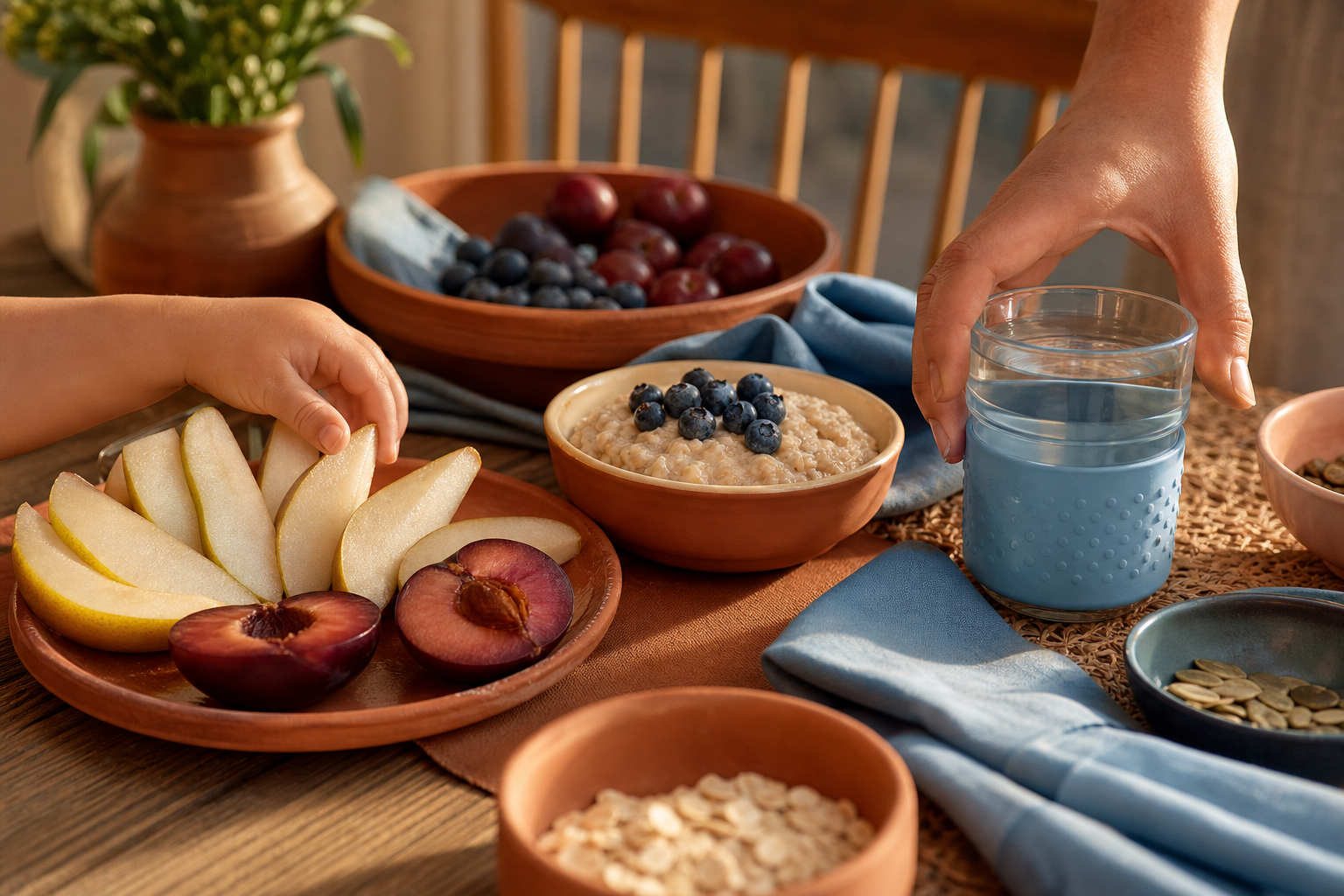 Toddler reaches for sliced pears and plums beside oatmeal and water