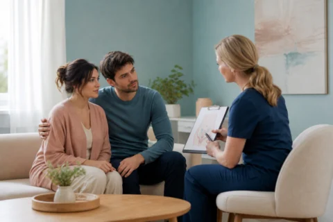 Postpartum caregiver discussing a dropped womb with a clinician in a teal clinic