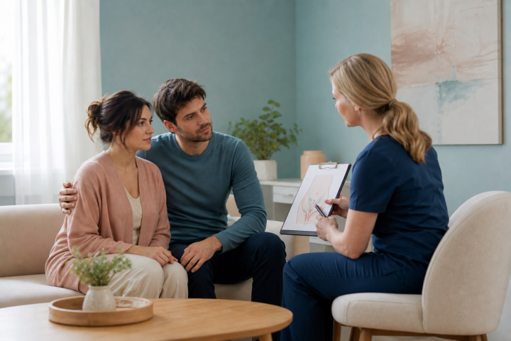 Postpartum caregiver discussing a dropped womb with a clinician in a teal clinic