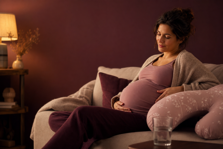 Pregnant parent resting on a couch with one hand on the belly