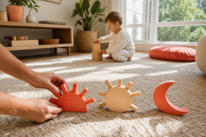 Caregiver arranges coral and wooden sun-and-moon shapes while a toddler stacks blocks in a bright living room.