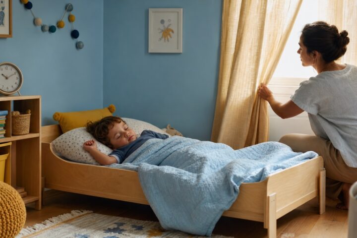 Three-year-old child sleeping in a low wooden toddler bed while a caregiver closes sunlit curtains.