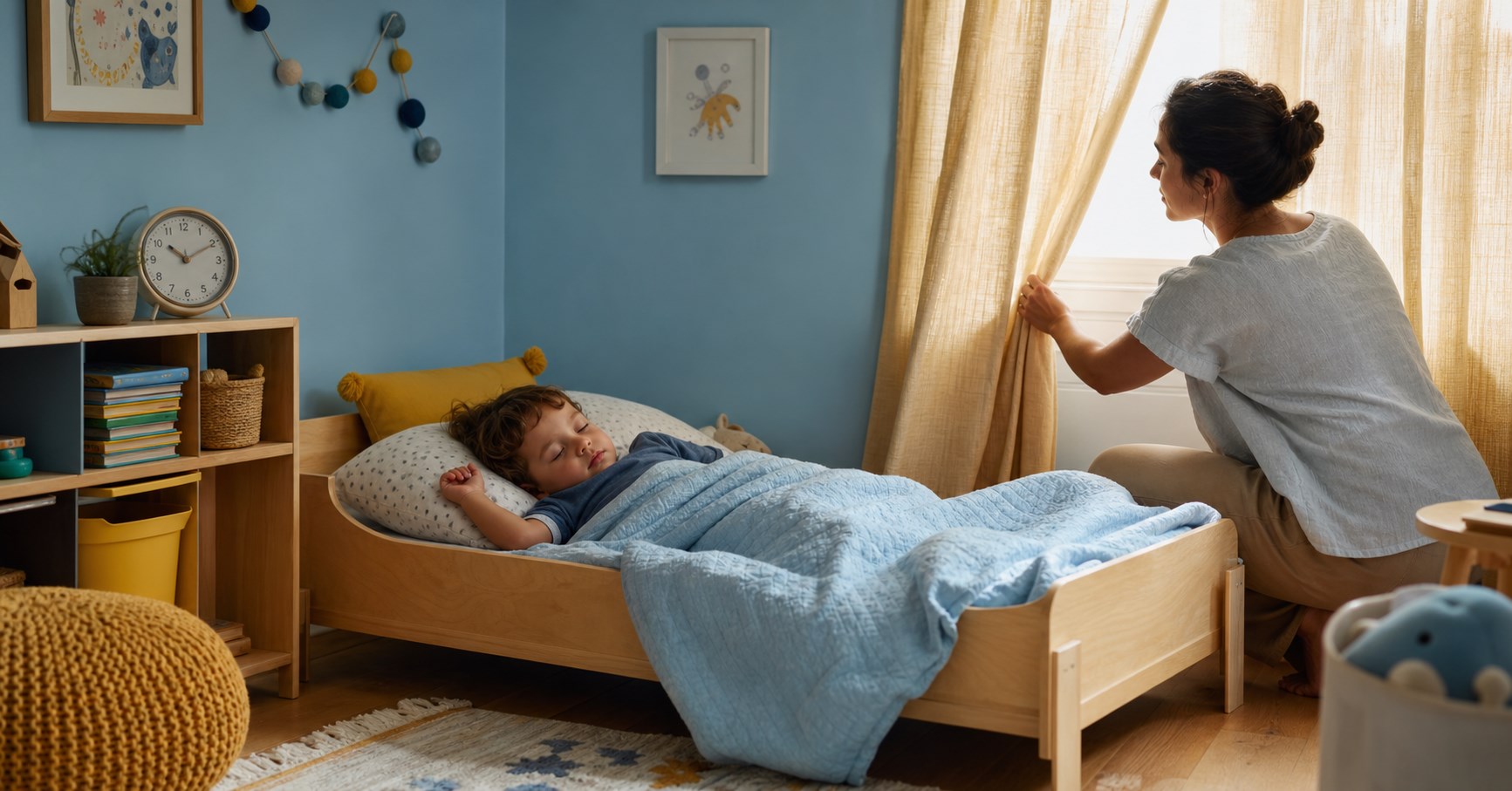 Three-year-old child sleeping in a low wooden toddler bed while a caregiver closes sunlit curtains.