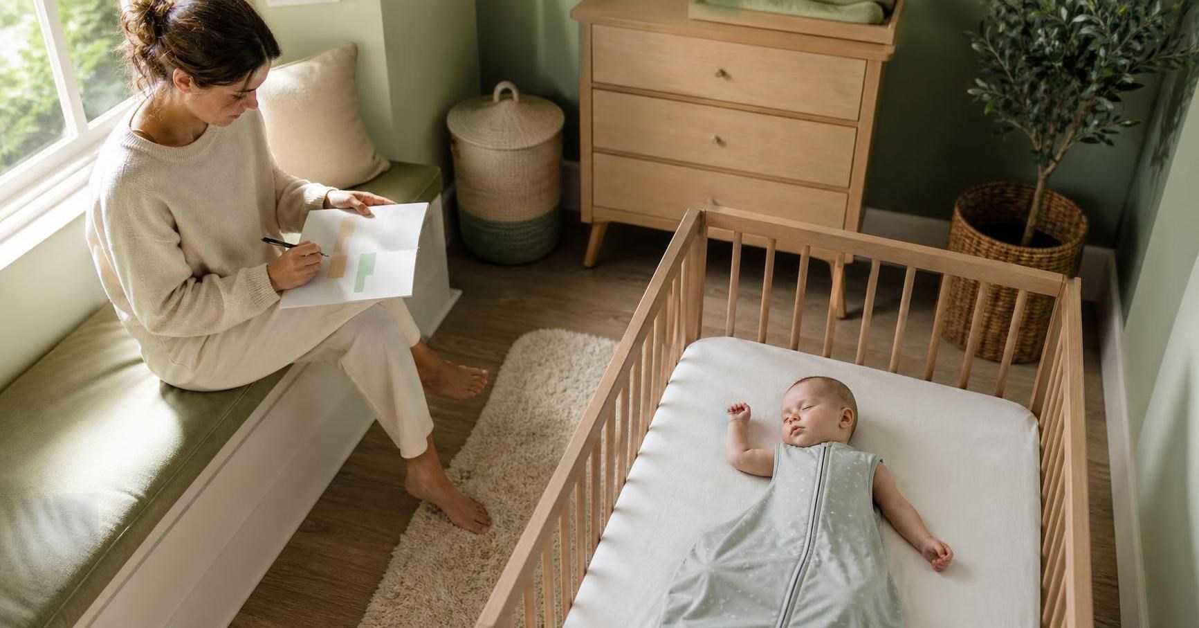 Six-month-old baby sleeping on their back in a bare crib while a caregiver uses a blank routine planner by the window.