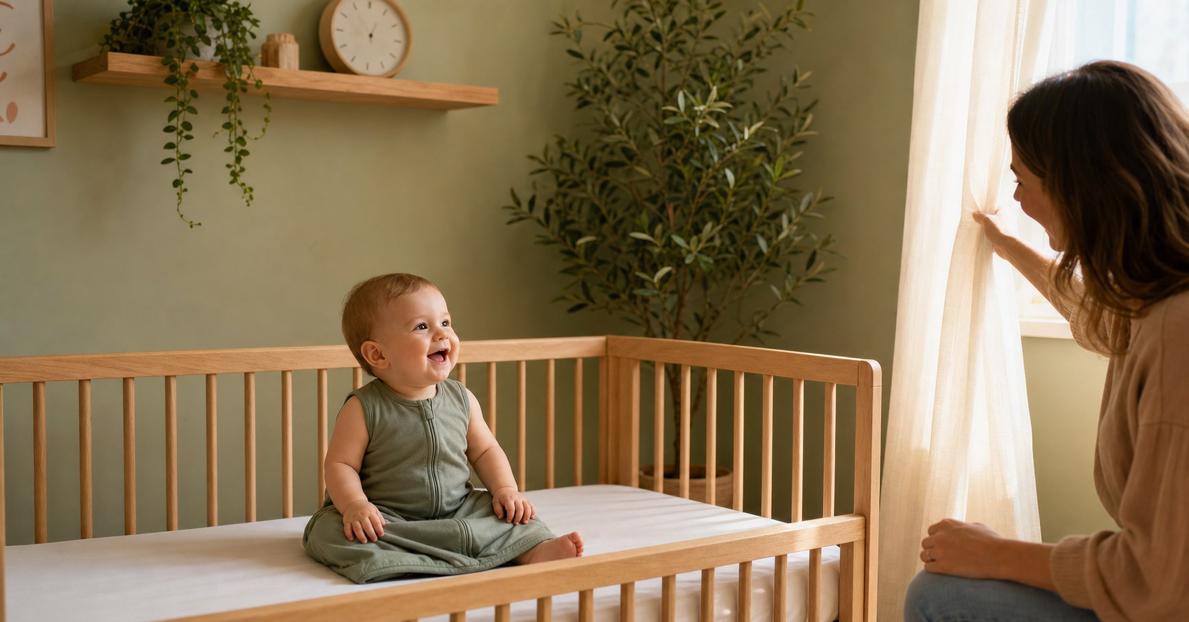 Smiling seven-month-old baby sitting awake in a bare wooden crib while a caregiver opens sunlit curtains.