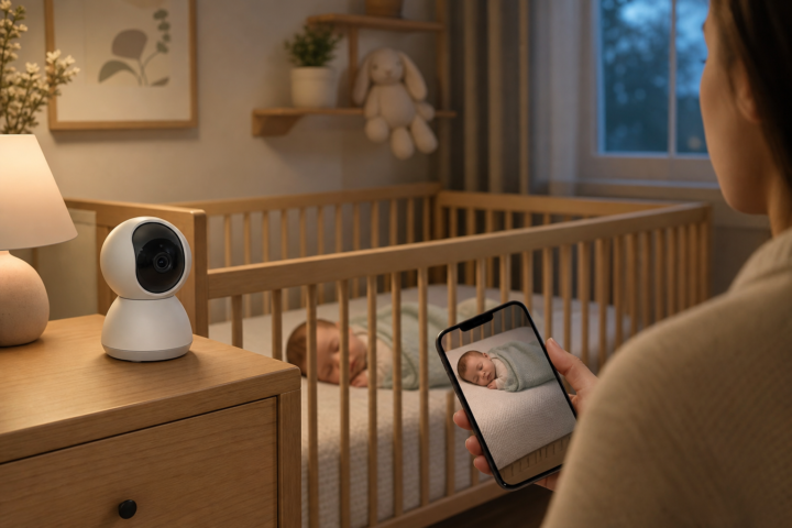 Baby monitor camera on a dresser while a parent checks a sleeping baby on a phone screen
